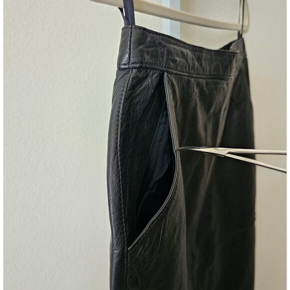 VTG SILVERLEAF Black Leather Pocket Snap Button Zipper Pencil Midi Skirt Sz 12 - Picture 7 of 16
